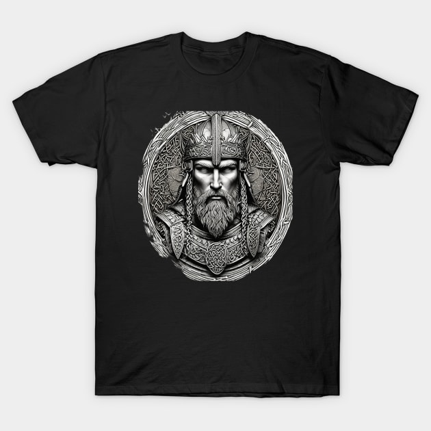 Noble Viking King Warrior with Ornate Celtic Knot Armor in black and grey T-Shirt by DesignsbyZazz